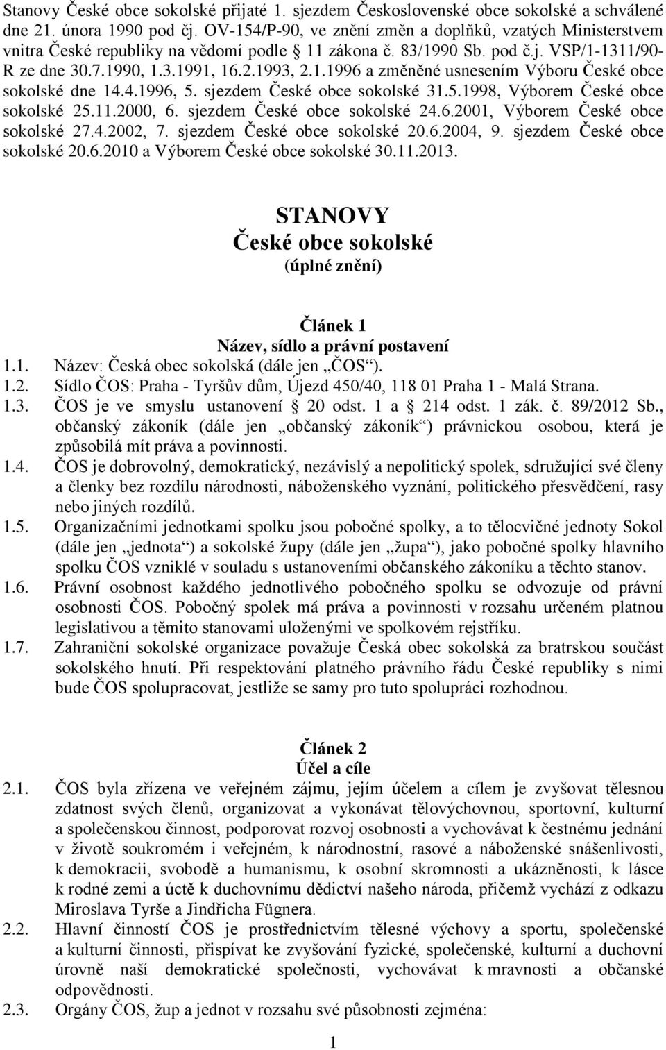 4.1996, 5. sjezdem České obce sokolské 31.5.1998, Výborem České obce sokolské 25.11.2000, 6. sjezdem České obce sokolské 24.6.2001, Výborem České obce sokolské 27.4.2002, 7.