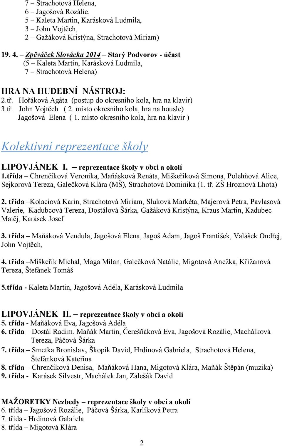 místo okresního kola, hra na housle) Jagošová Elena ( 1. místo okresního kola, hra na klavír ) Kolektivní reprezentace školy LIPOVJÁNEK I. reprezentace školy v obci a okolí 1.