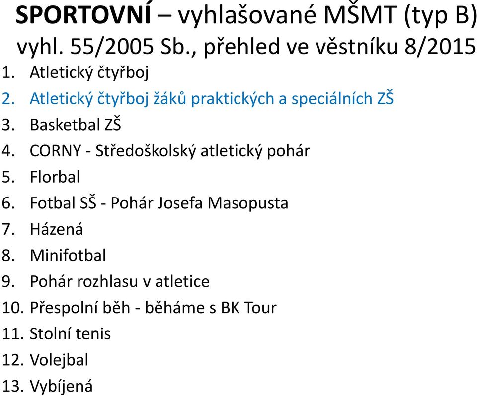 CORNY - Středoškolský atletický pohár 5. Florbal 6. Fotbal SŠ - Pohár Josefa Masopusta 7. Házená 8.