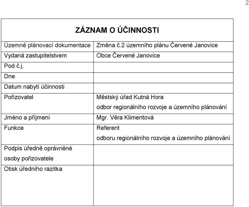 Dne Datum nabytí účinnosti Pořizovatel Městský úřad Kutná Hora odbor regionálního rozvoje a územního