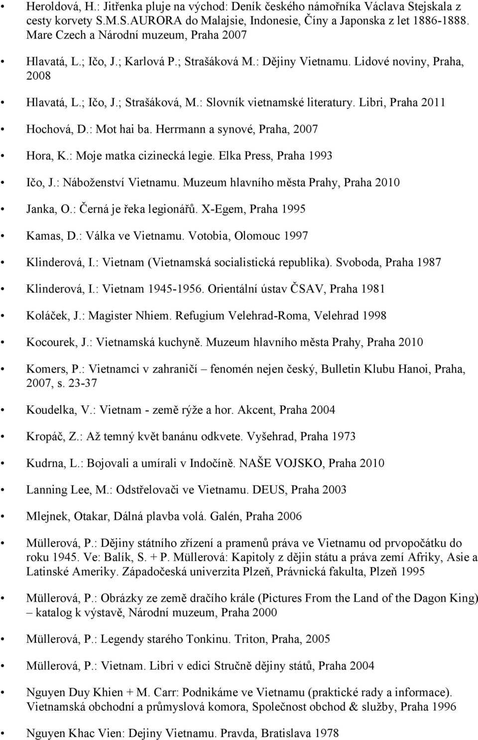 : Slovník vietnamské literatury. Libri, Praha 2011 Hochová, D.: Mot hai ba. Herrmann a synové, Praha, 2007 Hora, K.: Moje matka cizinecká legie. Elka Press, Praha 1993 Ičo, J.: Náboženství Vietnamu.