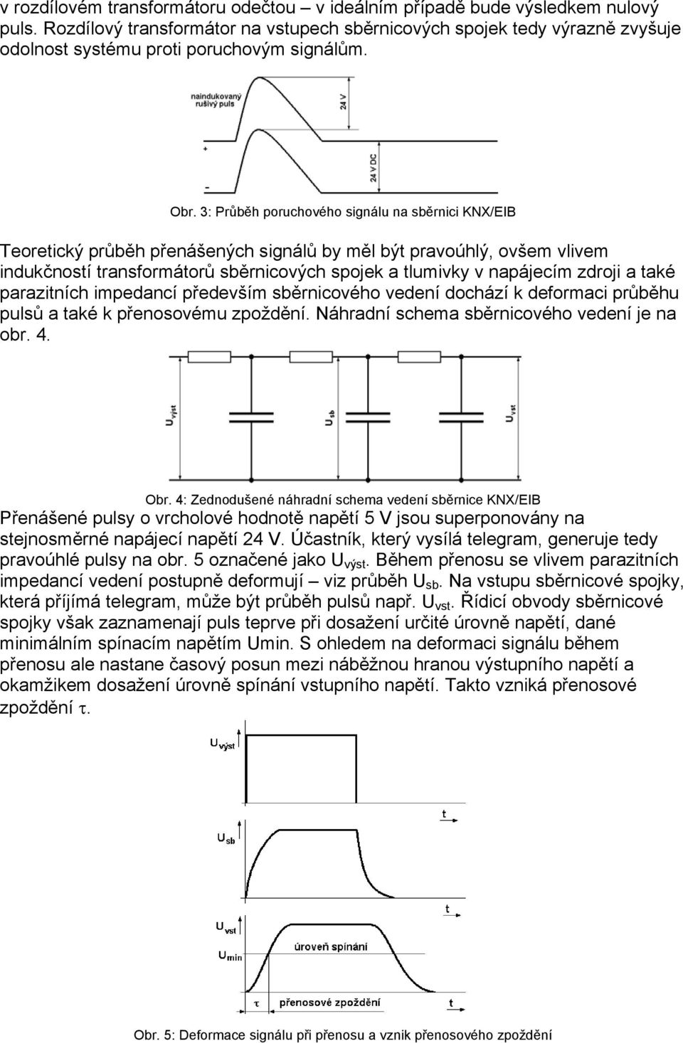 3: Průběh poruchového signálu na sběrnici KNX/EIB Teoretický průběh přenášených signálů by měl být pravoúhlý, ovšem vlivem indukčností transformátorů sběrnicových spojek a tlumivky v napájecím zdroji