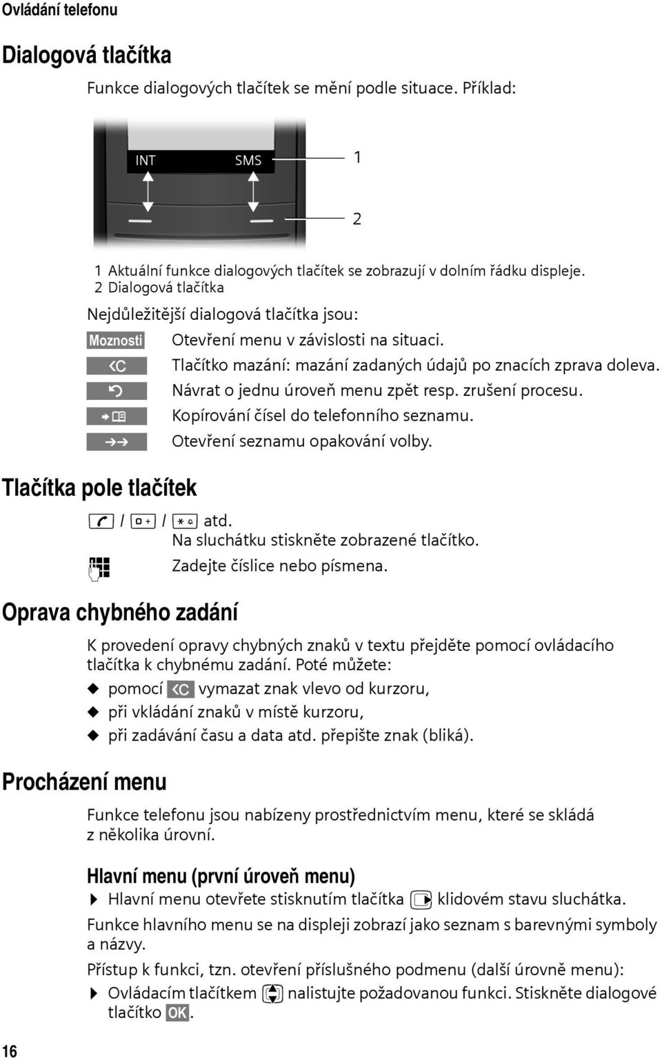 Návrat o jednu úroveň menu zpět resp. zrušení procesu. Kopírování čísel do telefonního seznamu. Otevření seznamu opakování volby. Tlačítka pole tlačítek c / Q / * atd.