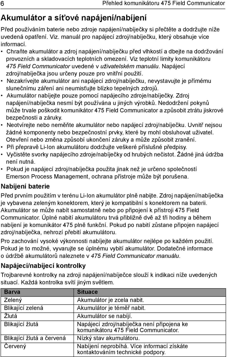 Viz teplotní limity komunikátoru 475 Field Communicator uvedené v uživatelském manuálu. Napájecí zdroj/nabíječka jsou určeny pouze pro vnitřní použití.