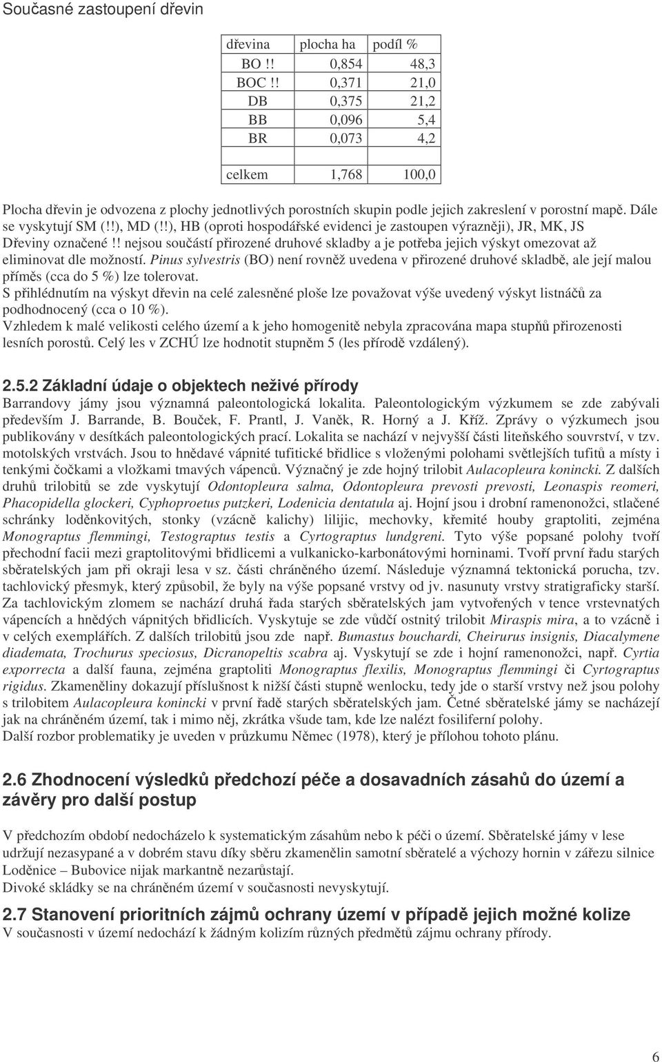 !), MD (!!), HB (oproti hospodáské evidenci je zastoupen výraznji), JR, MK, JS Deviny oznaené!! nejsou souástí pirozené druhové skladby a je poteba jejich výskyt omezovat až eliminovat dle možností.