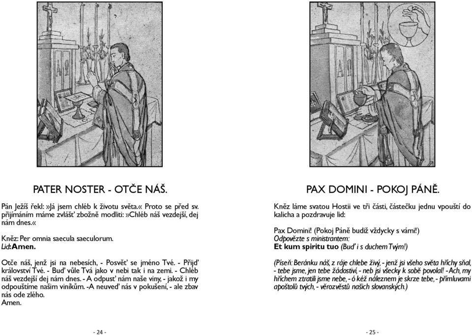 - A odpusť nám naše viny, - jakož i my odpouštíme našim viníkům. -A neuveď nás v pokušení, - ale zbav nás ode zlého. Amen. PAX DOMINI - POKOJ PÁNĚ.