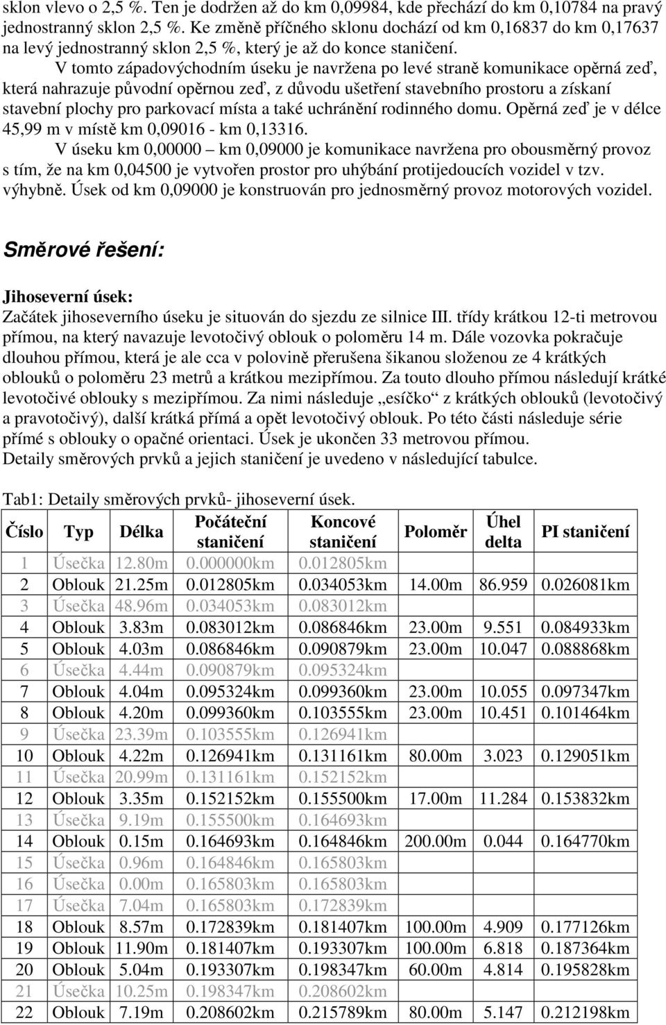 V tomto západovýchodním úseku je navržena po levé straně komunikace opěrná zeď, která nahrazuje původní opěrnou zeď, z důvodu ušetření stavebního prostoru a získaní stavební plochy pro parkovací