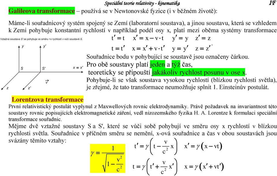 Souřadnie bodu v pohybujíí se soustavě jsou označeny čárkou. Pro obě soustavy platí jeden a týž čas, teoretiky se připouští jakákoliv ryhlost posunu v ose x.