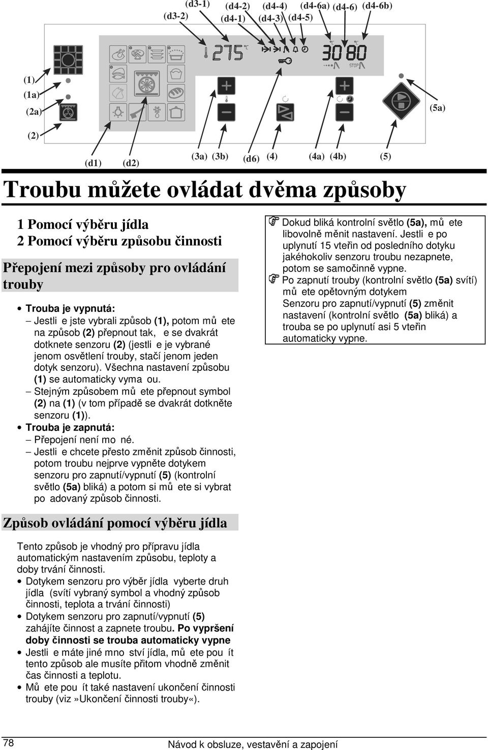 je vybrané jenom osvětlení trouby, stačí jenom jeden dotyk senzoru). Všechna nastavení způsobu (1) se automaticky vymaou.