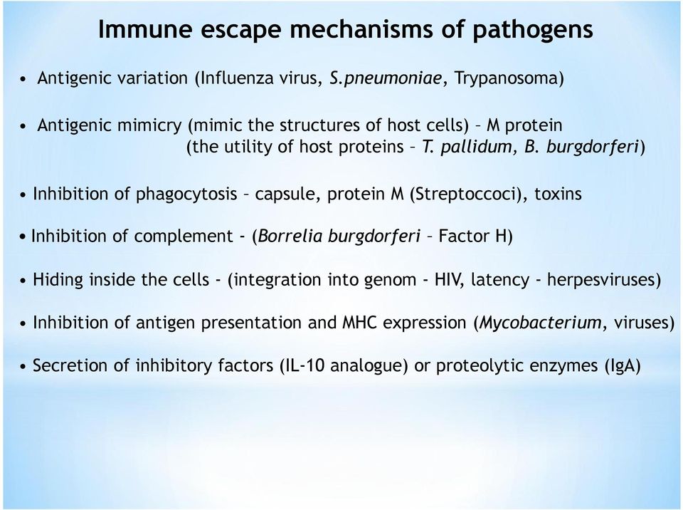 burgdorferi) Inhibition of phagocytosis capsule, protein M (Streptoccoci), toxins Inhibition of complement - (Borrelia burgdorferi Factor H) Hiding