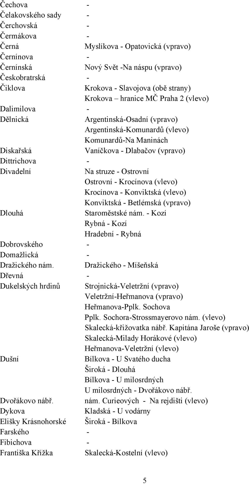 Divadelní Na struze - Ostrovní Ostrovní - Krocínova (vlevo) Krocínova - Konviktská (vlevo) Konviktská - Betlémská (vpravo) Dlouhá Staroměstské nám.