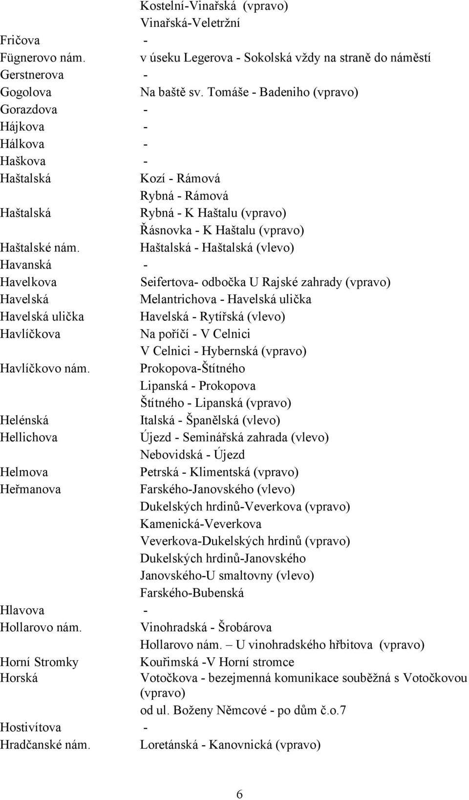 Haštalská - Haštalská (vlevo) Havanská - Havelkova Seifertova- odbočka U Rajské zahrady (vpravo) Havelská Melantrichova - Havelská ulička Havelská ulička Havelská - Rytířská (vlevo) Havlíčkova Na