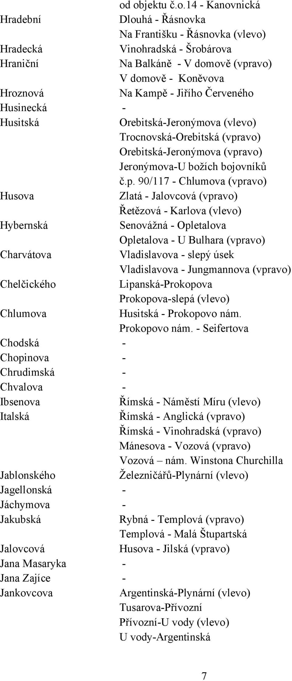 Husova Zlatá - Jalovcová (vpravo) Řetězová - Karlova (vlevo) Hybernská Senovážná - Opletalova Opletalova - U Bulhara (vpravo) Charvátova Vladislavova - slepý úsek Vladislavova - Jungmannova (vpravo)