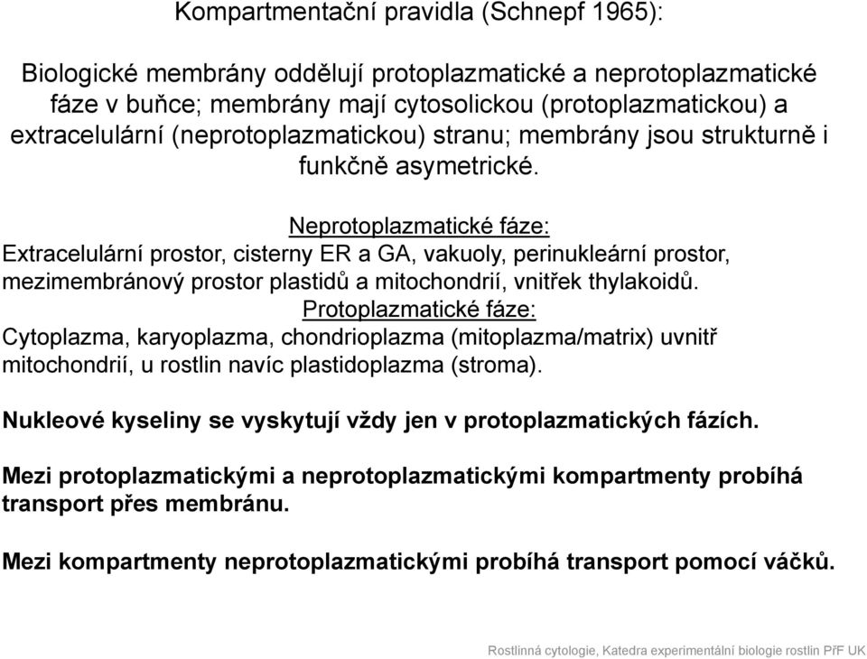 Neprotoplazmatické fáze: Extracelulární prostor, cisterny ER a GA, vakuoly, perinukleární prostor, mezimembránový prostor plastidů a mitochondrií, vnitřek thylakoidů.