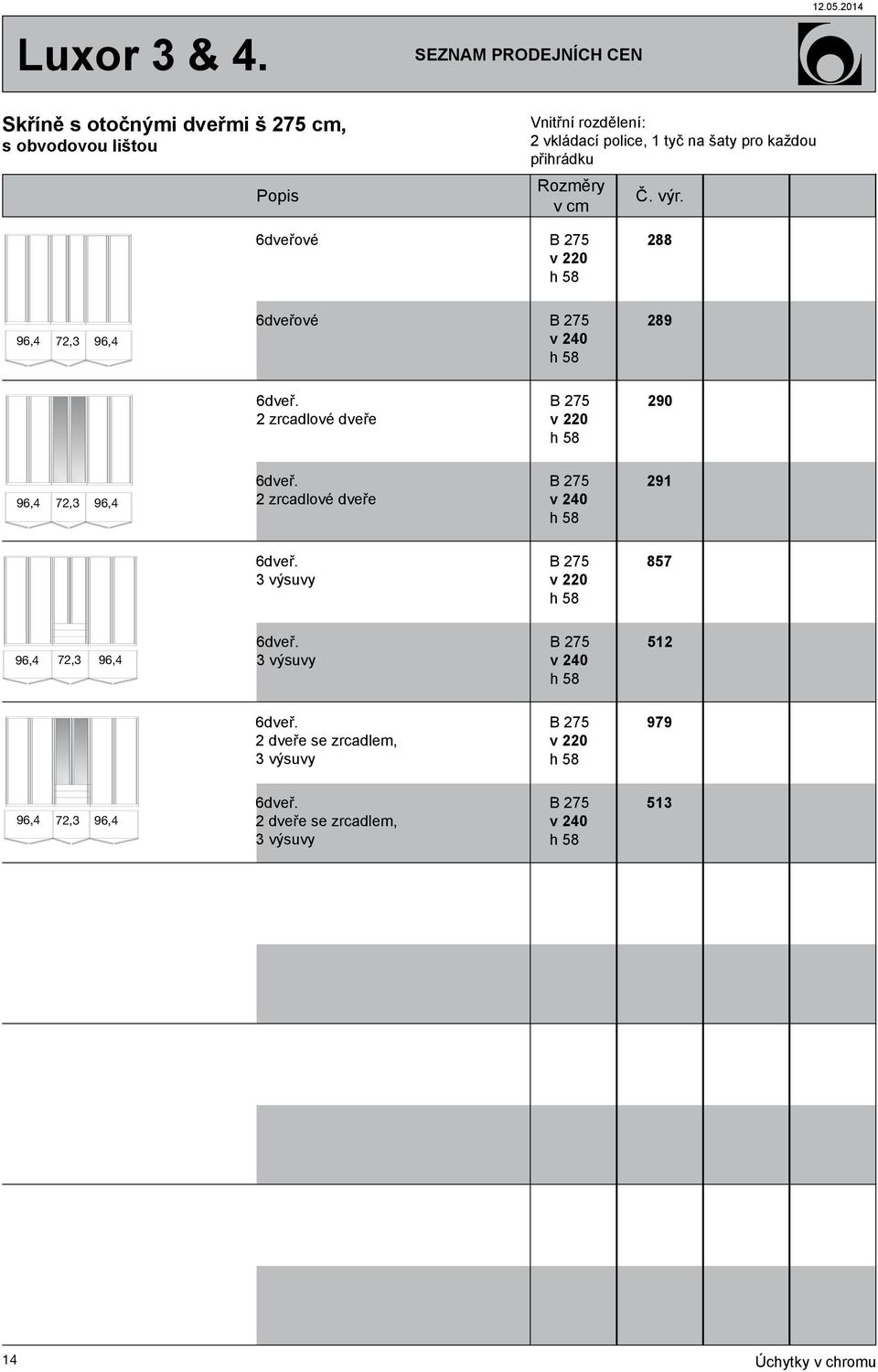 2 zrcadlové dveře B 275 v 290 96,4 72,3 96,4 6dveř. 2 zrcadlové dveře B 275 v 291 6dveř.