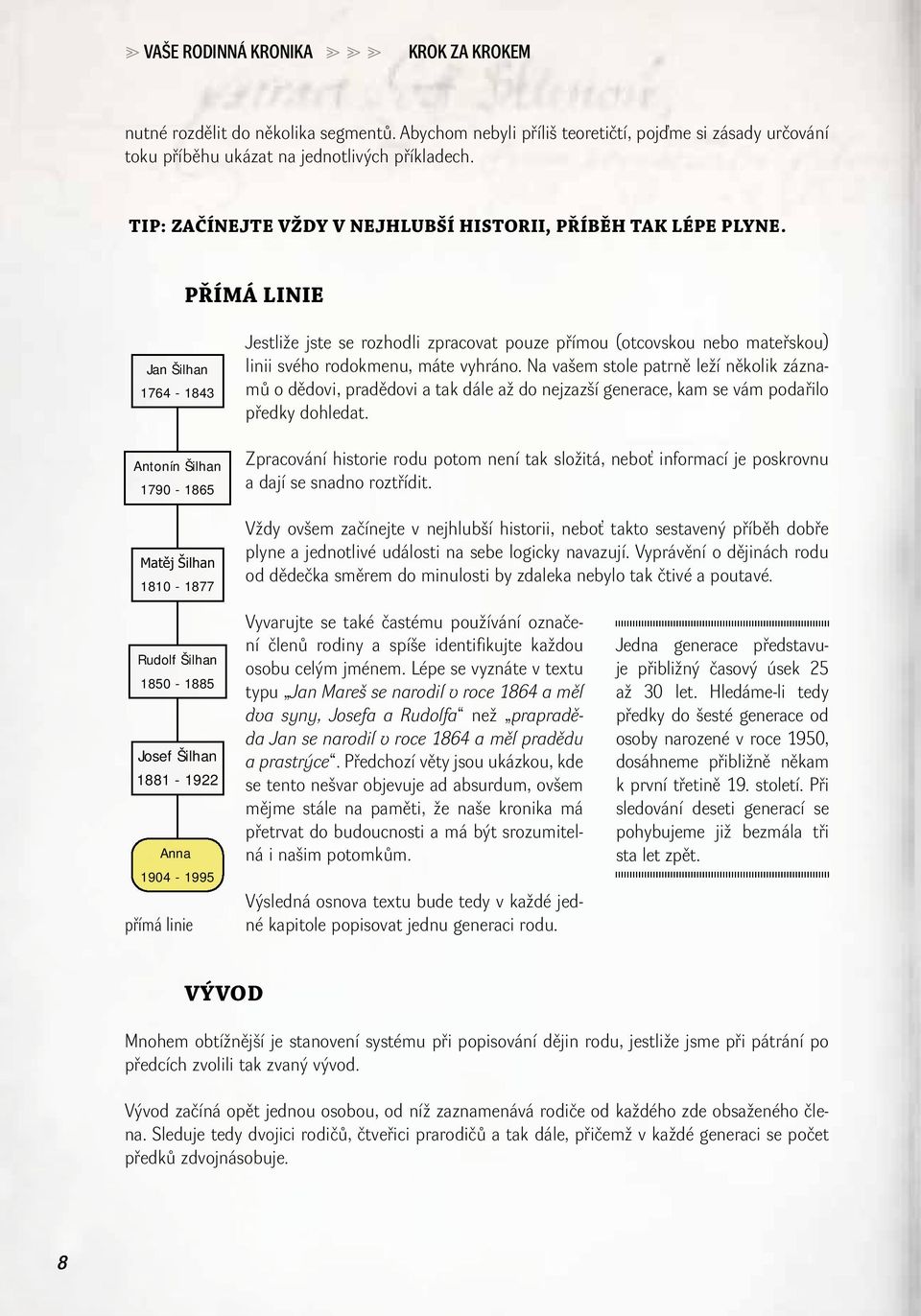 PŘÍMÁ LINIE Jan Šilhan 1764-1843 Antonín Šilhan 1790-1865 1810-1877 Jestliže jste se rozhodli zpracovat pouze přímou (otcovskou nebo mateřskou) linii svého rodokmenu, máte vyhráno.