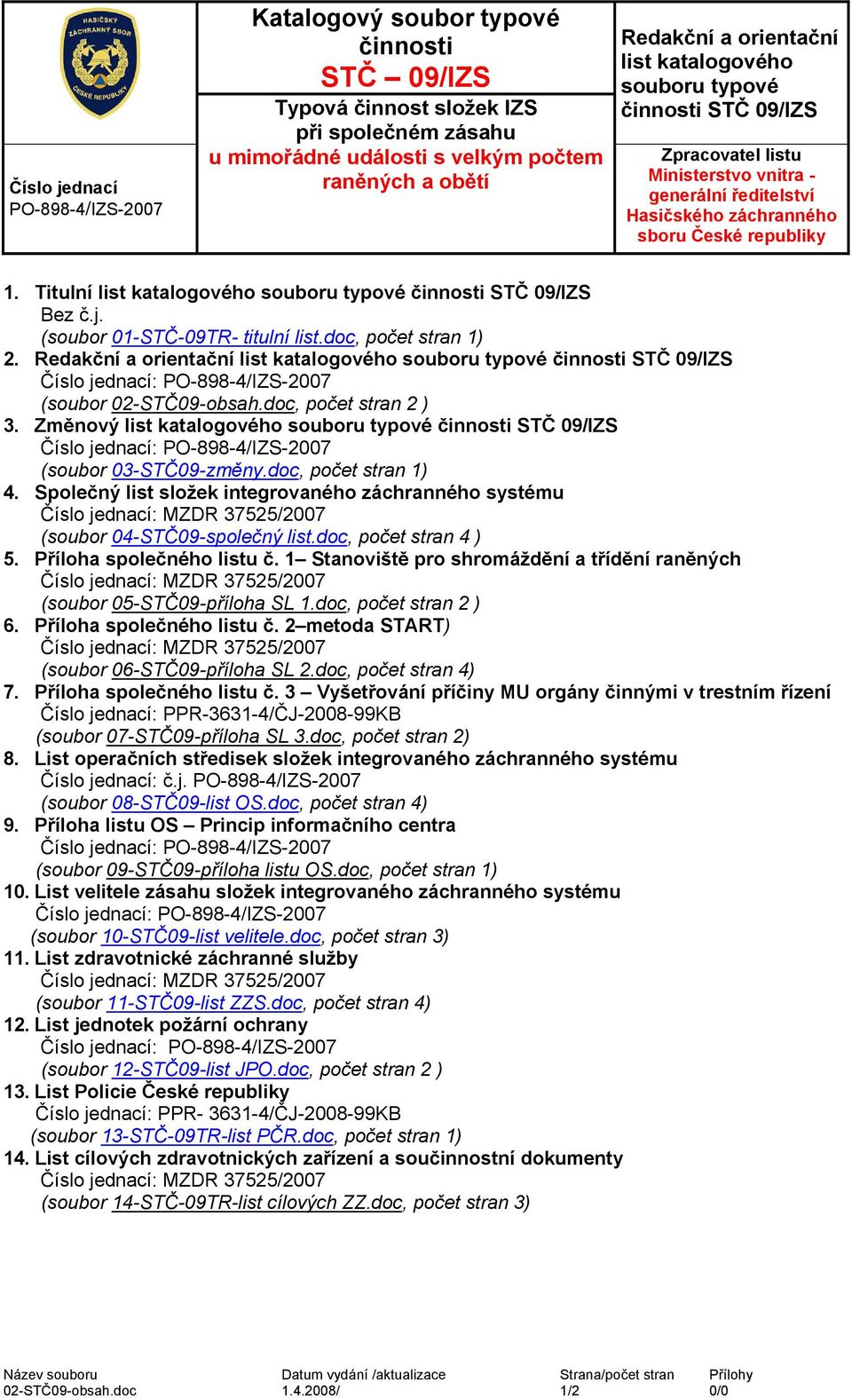 Redakční a orientační list katalogového souboru typové STČ 09/IZS Číslo jednací: PO-898-4/IZS-2007 (soubor 02-STČ09-obsah.doc, počet stran 2 ) 3.