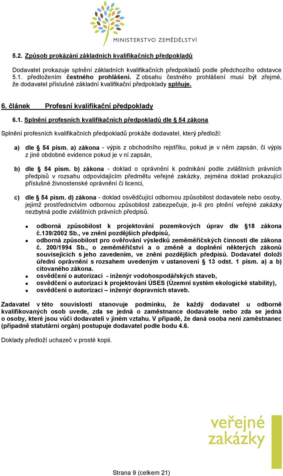 Splnění profesních kvalifikačních předpokladů dle 54 zákona Splnění profesních kvalifikačních předpokladů prokáže dodavatel, který předloží: a) dle 54 písm.