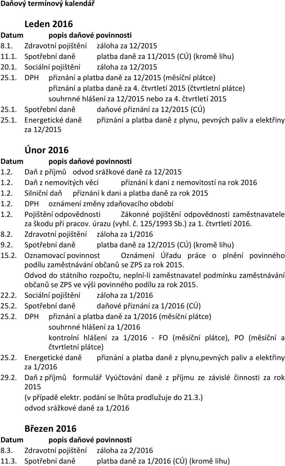 2. Daň z příjmů odvod srážkové daně za 12/2015 1.2. Daň z nemovitých věcí přiznání k dani z nemovitostí na rok 2016 1.2. Silniční daň přiznání k dani a platba daně za rok 2015 1.2. DPH oznámení změny zdaňovacího období 1.