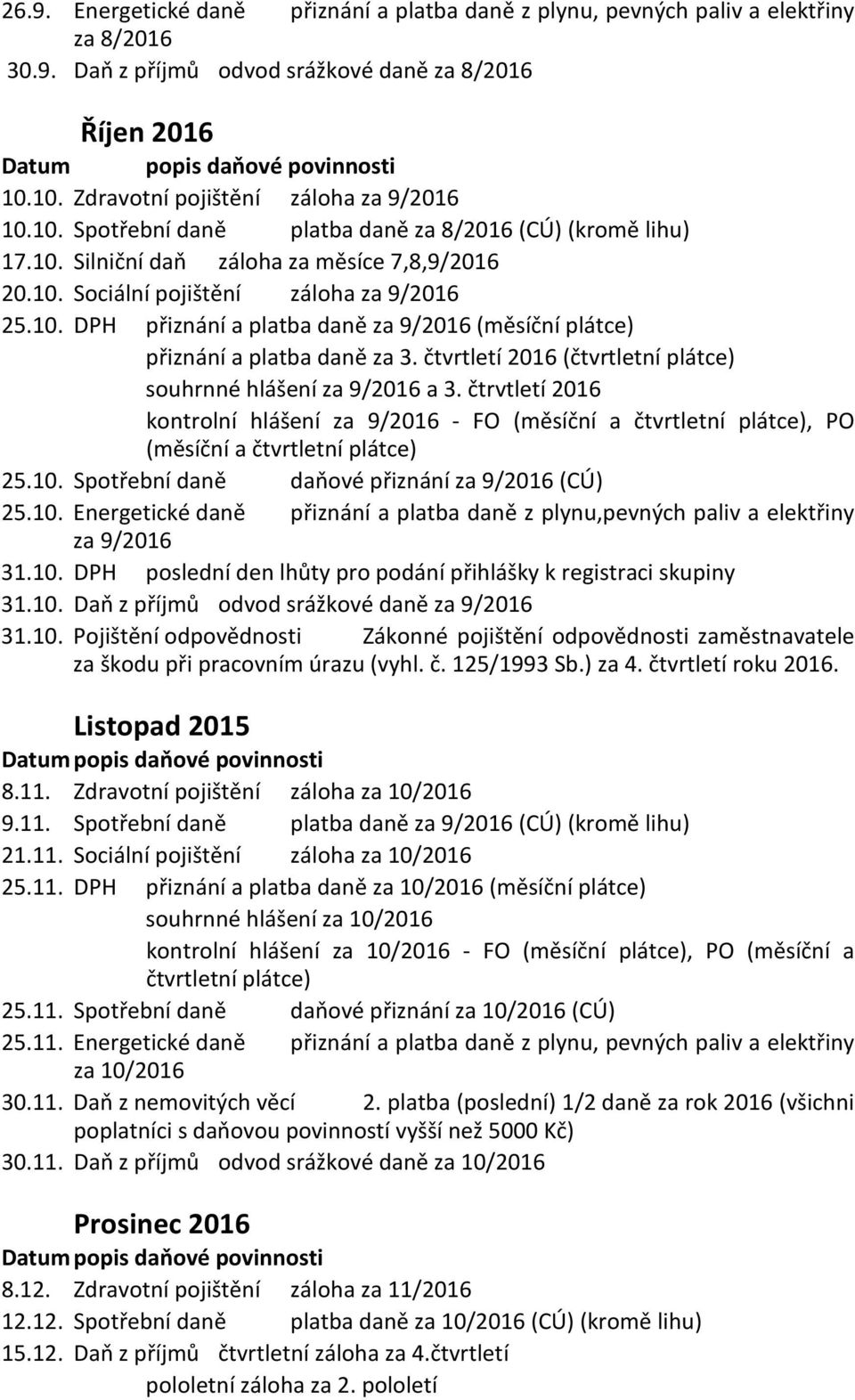 čtvrtletí 2016 ( souhrnné hlášení za 9/2016 a 3. čtrvtletí 2016 kontrolní hlášení za 9/2016 - FO (měsíční a, PO (měsíční a 25.10.