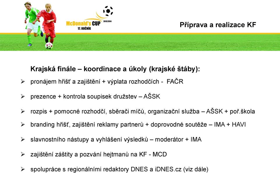 škola branding hřišť, zajištění reklamy partnerů + doprovodné soutěže IMA + HAVI slavnostního nástupy a vyhlášení výsledků