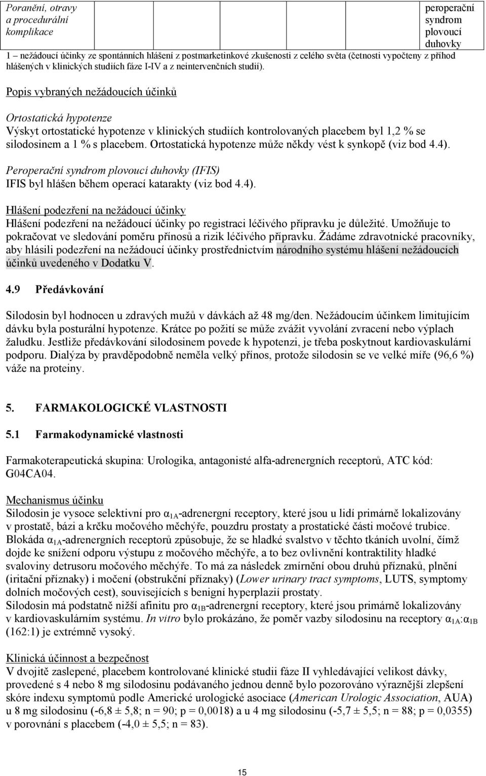 Popis vybraných nežádoucích účinků Ortostatická hypotenze Výskyt ortostatické hypotenze v klinických studiích kontrolovaných placebem byl 1,2 % se silodosinem a 1 % s placebem.