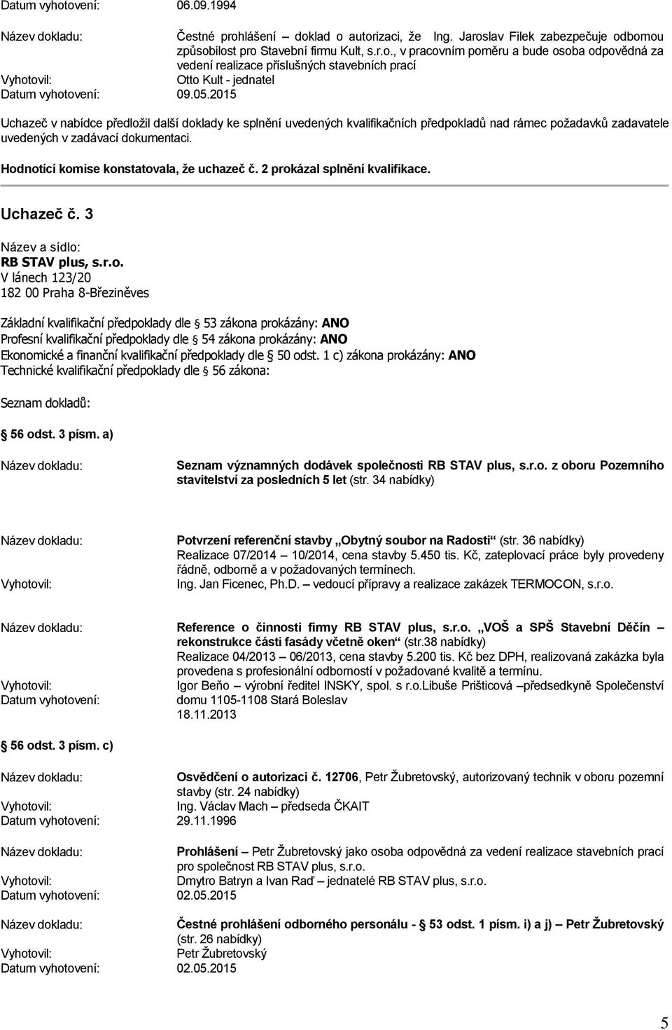 Hodnotící komise konstatovala, že uchazeč č. 2 prokázal splnění kvalifikace. Uchazeč č. 3 RB STAV plus, s.r.o. V lánech 123/20 182 00 Praha 8-Březiněves Seznam významných dodávek společnosti RB STAV plus, s.