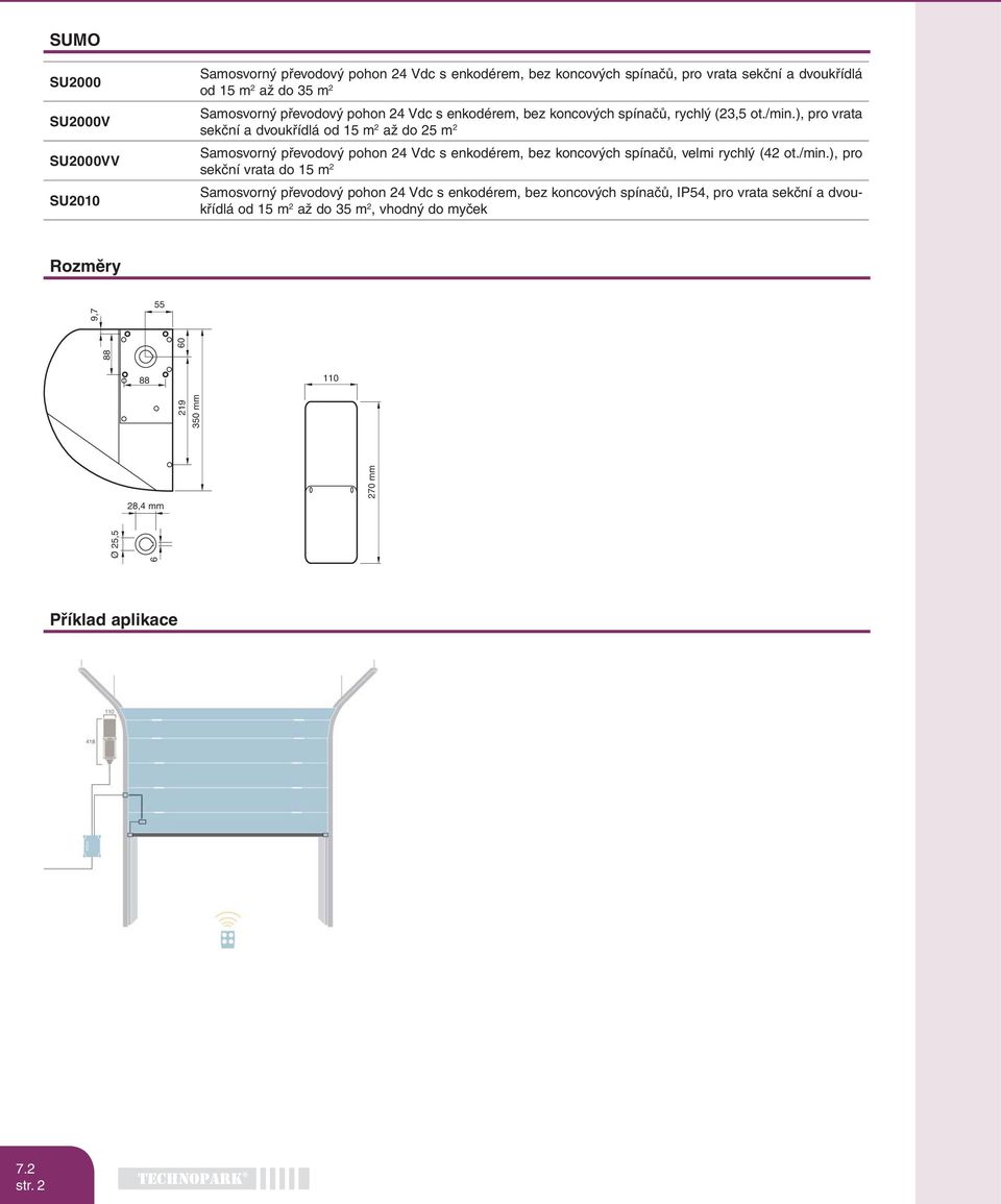 ), pro vrata sekční a dvoukřídlá od 15 m 2 až do 25 m 2 Samosvorný převodový pohon 24 Vdc s enkodérem, bez koncových spínačů, velmi rychlý (42 ot./min.
