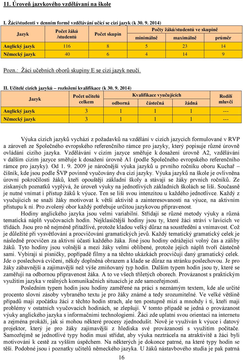 : Žáci učebních oborů skupiny E se cizí jazyk neučí. II. Učitelé cizích jazyků rozložení kvalifikace (k 30. 9.