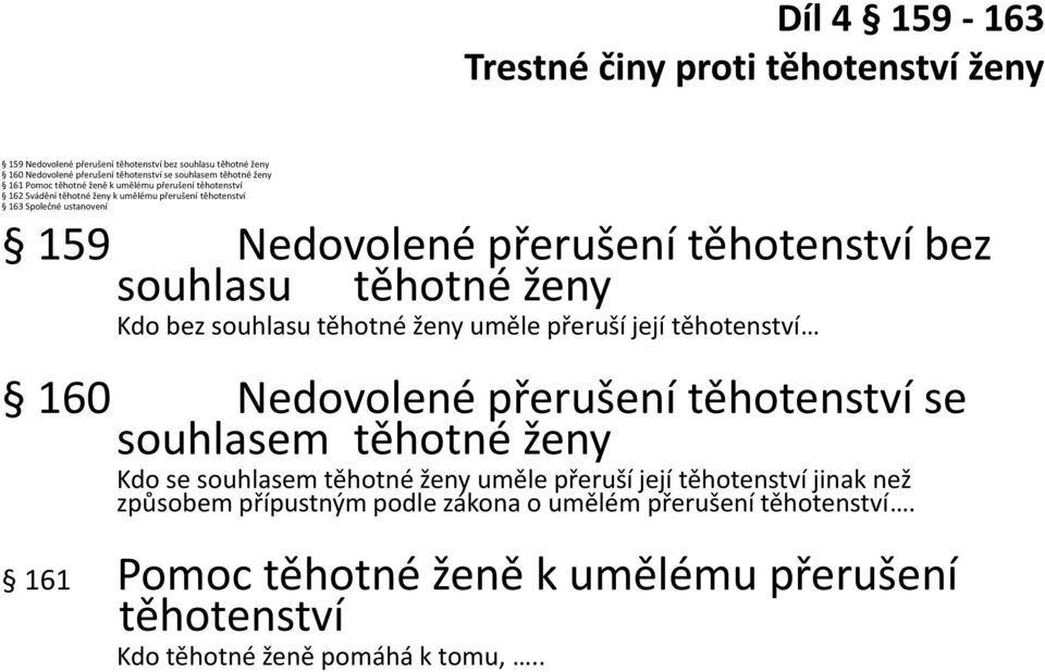 souhlasu těhotné ženy Kdo bez souhlasu těhotné ženy uměle přeruší její těhotenství 160 Nedovolené přerušení těhotenství se souhlasem těhotné ženy Kdo se souhlasem těhotné ženy