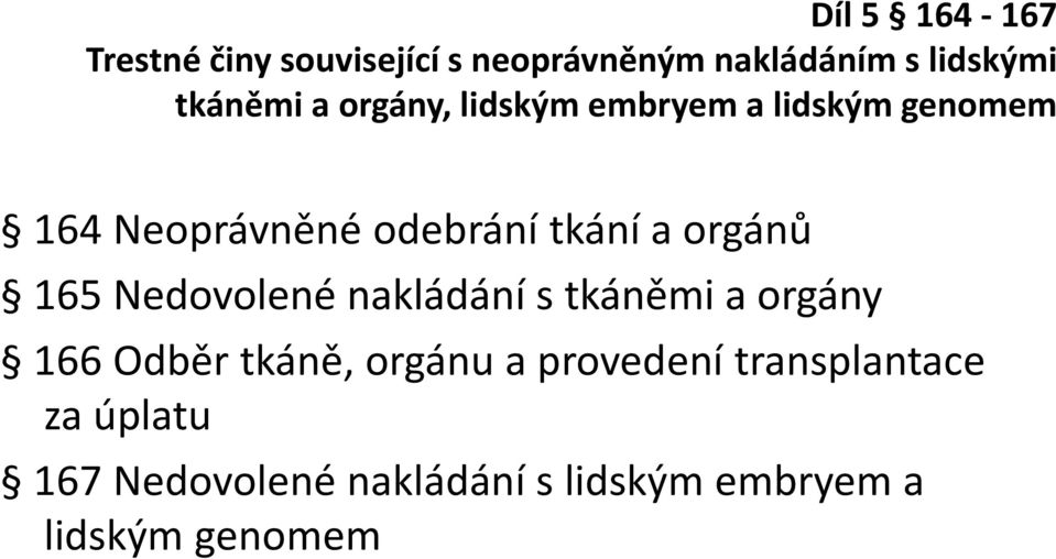 a orgánů 165 Nedovolené nakládání s tkáněmi a orgány 166 Odběr tkáně, orgánu a