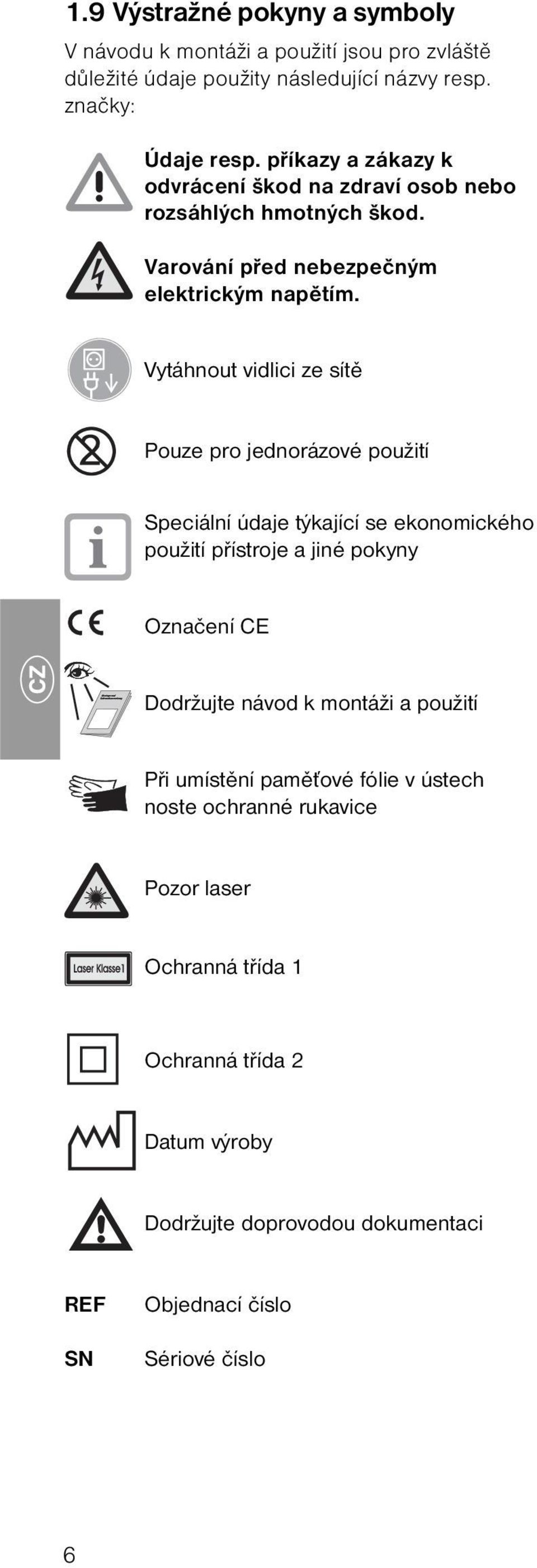 Vytáhnout vidlici ze sítě Pouze pro jednorázové použití Speciální údaje týkající se ekonomického použití přístroje a jiné pokyny Označení CE Dodržujte návod k