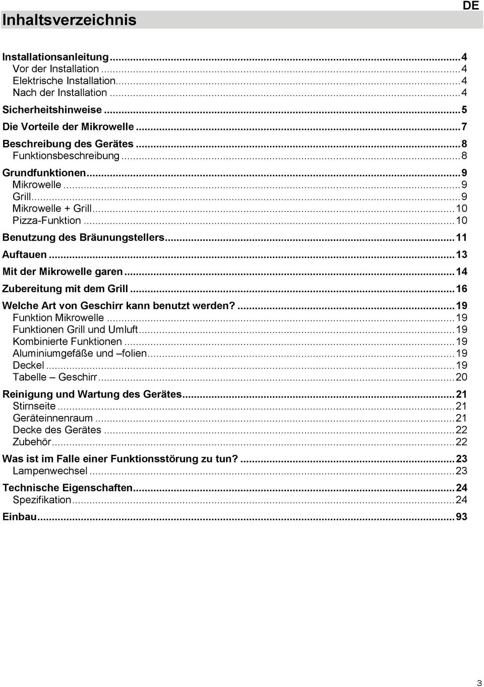 .. 13 Mit der Mikrowelle garen... 14 Zubereitung mit dem Grill... 16 Welche Art von Geschirr kann benutzt werden?... 19 Funktion Mikrowelle... 19 Funktionen Grill und Umluft.