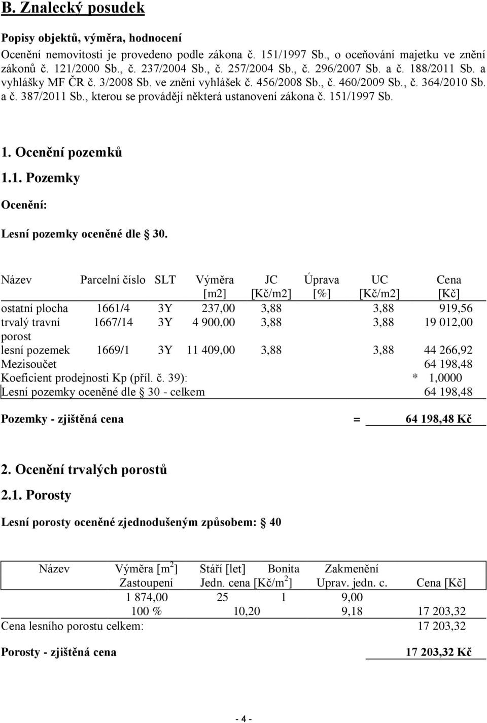 , kterou se provádějí některá ustanovení zákona č. 151/1997 Sb. 1. Ocenění pozemků 1.1. Pozemky Ocenění: Lesní pozemky oceněné dle 30.