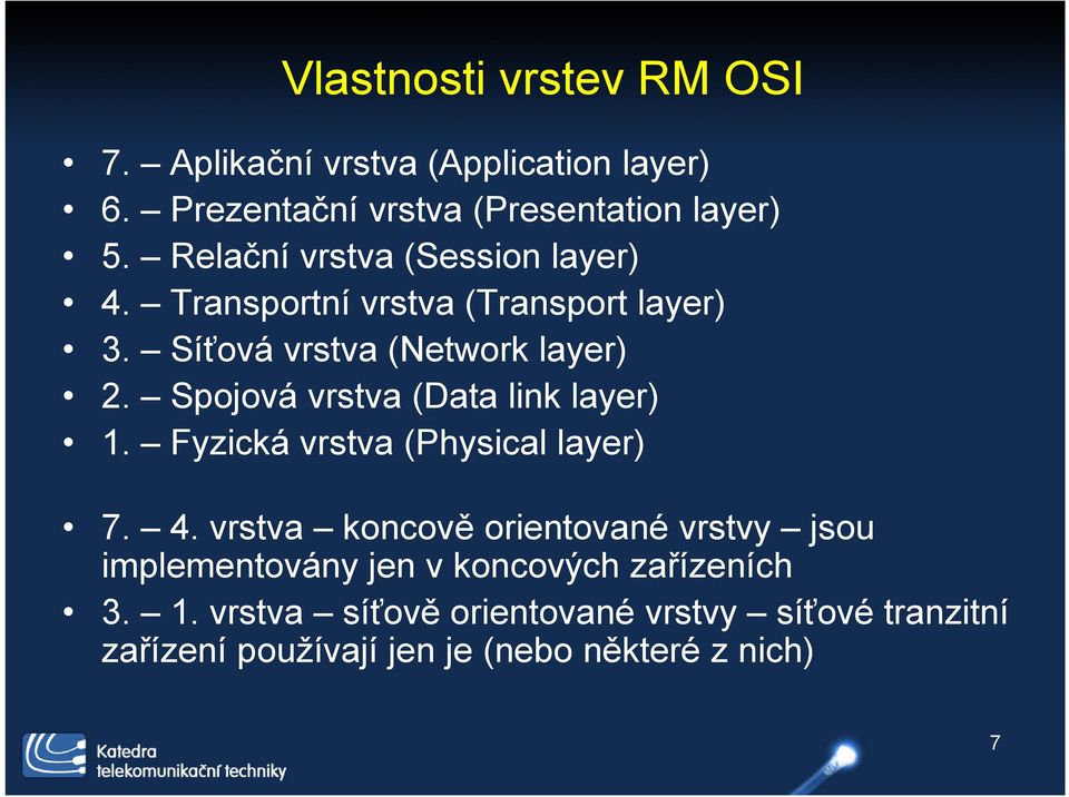 Spojová vrstva (Data link layer) 1. Fyzická vrstva (Physical layer) 7. 4.