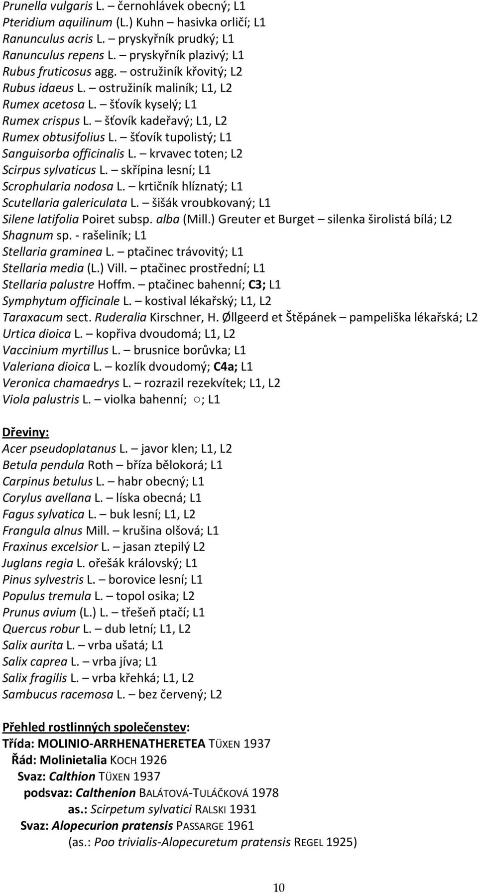 šťovík tupolistý; L1 Sanguisorba officinalis L. krvavec toten; L2 Scirpus sylvaticus L. skřípina lesní; L1 Scrophularia nodosa L. krtičník hlíznatý; L1 Scutellaria galericulata L.