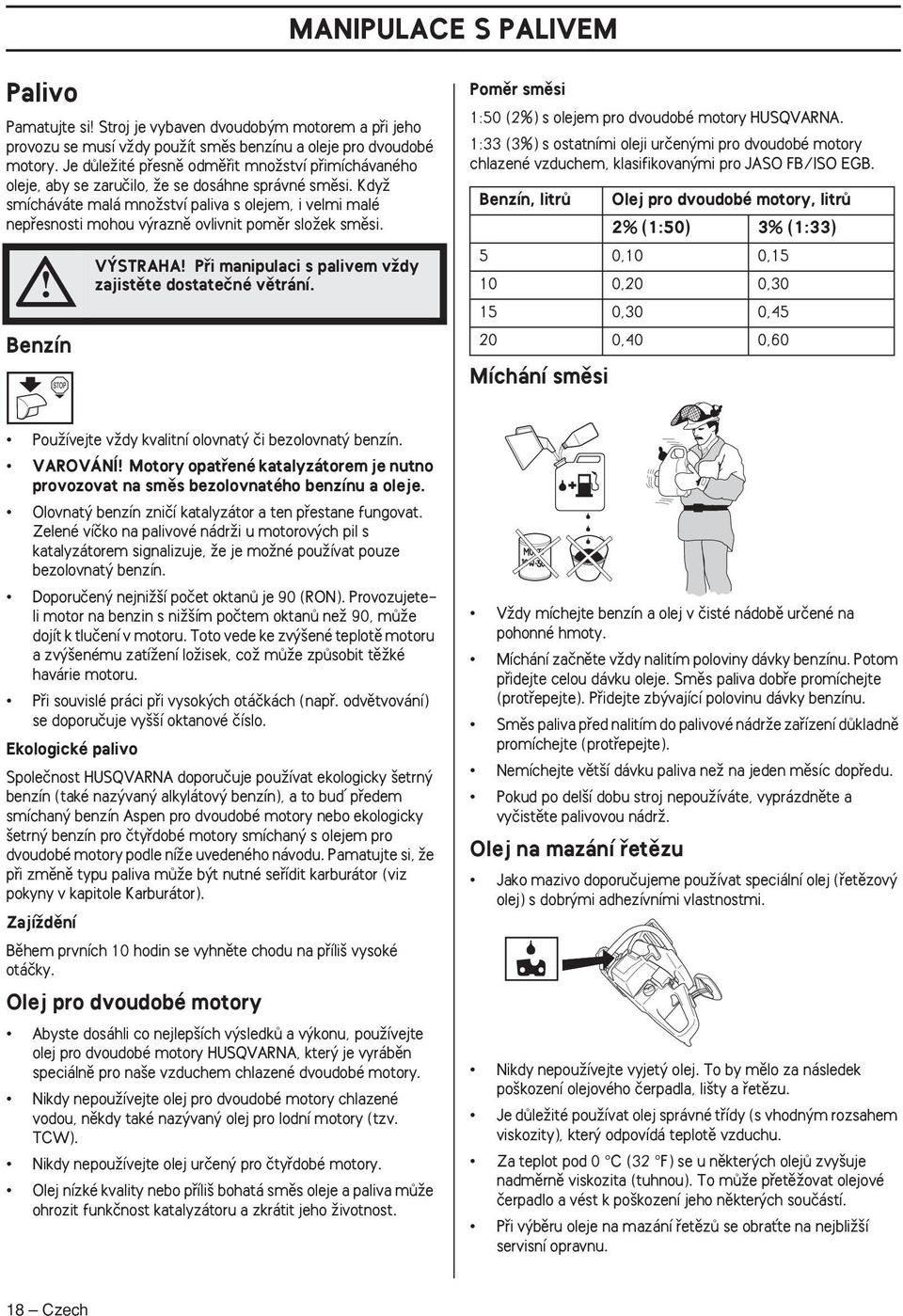 KdyÏ smícháváte malá mnoïství paliva s olejem, i velmi malé nepfiesnosti mohou v raznû ovlivnit pomûr sloïek smûsi. Benzín V STRAHA Pfii manipulaci s palivem vïdy zajistûte dostateãné vûtrání.