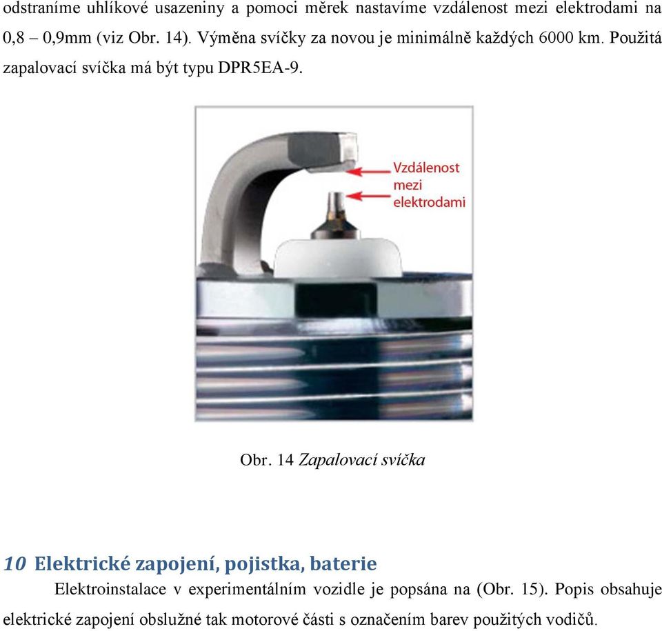 14 Zapalovací svíčka 10 Elektrické zapojení, pojistka, baterie Elektroinstalace v experimentálním vozidle je