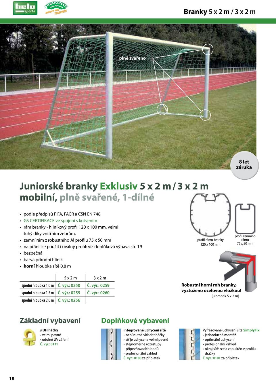 19 bezpečná barva přírodní hliník horní hloubka sítě 0,8 m profil rámu branky 120 x 100 mm profil zemního rámu 75 x 50 mm 5 x 2 m 3 x 2 m spodní hloubka 1,0 m Č. výr.: 0250 Č. výr.: 0259 spodní hloubka 1,5 m Č.