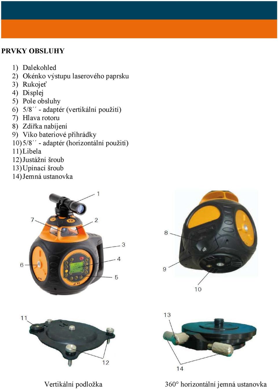 Víko bateriové přihrádky 10) 5/8 - adaptér (horizontální použití) 11) Libela 12) Justážní