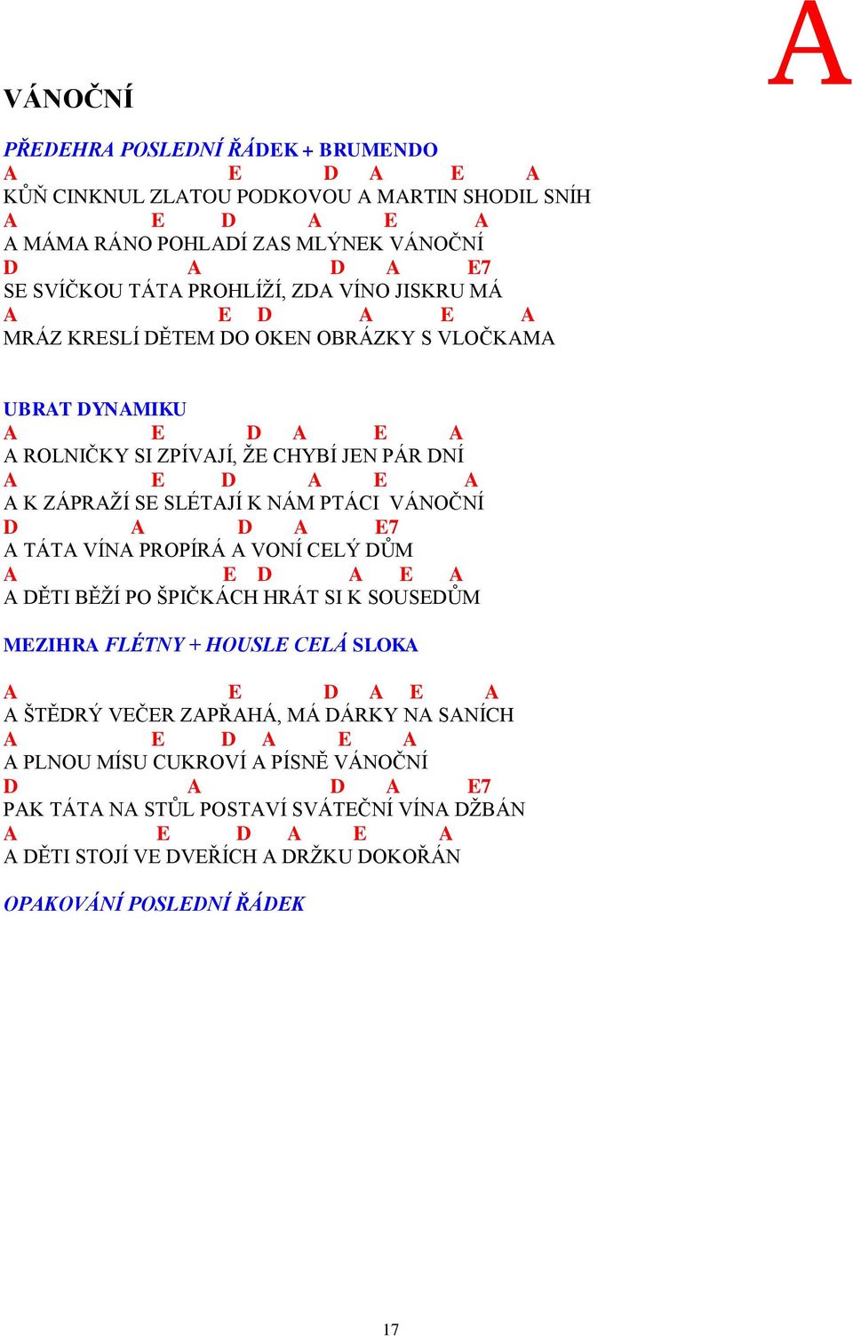 SLÉTAJÍ K NÁM PTÁI VÁNOČNÍ A A E7 A TÁTA VÍNA PROPÍRÁ A VONÍ ELÝ ŮM A E A E A A ĚTI BĚŽÍ PO ŠPIČKÁH HRÁT SI K SOUSEŮM MEZIHRA LÉTNY + HOUSLE ELÁ SLOKA A E A E A A ŠTĚRÝ VEČER
