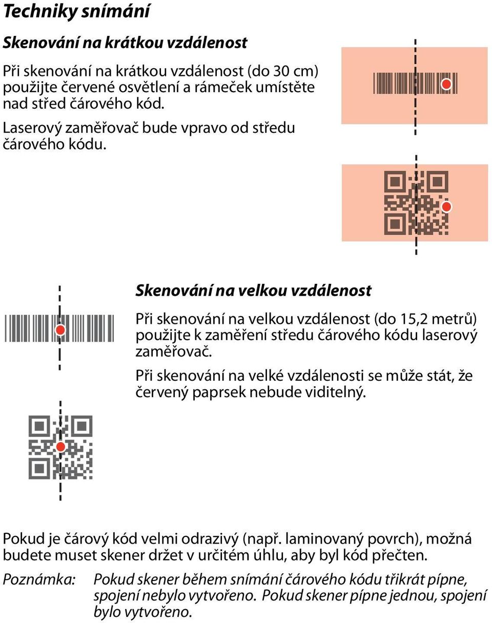 Skenování na velkou vzdálenost Při skenování na velkou vzdálenost (do 15,2 metrů) použijte k zaměření středu čárového kódu laserový zaměřovač.