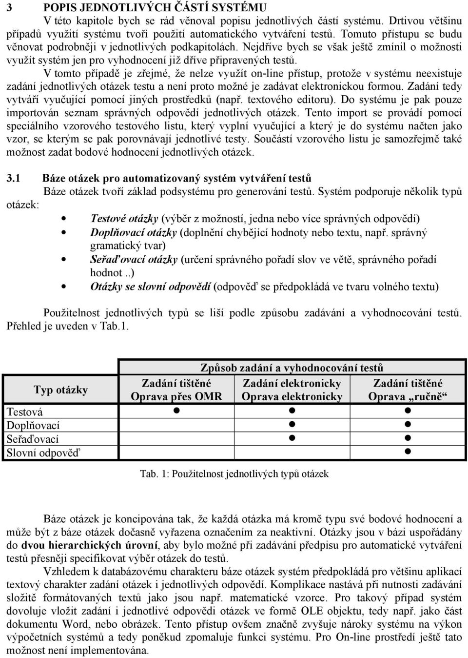 V tomto případě je zřejmé, že nelze využít on-line přístup, protože v systému neexistuje zadání jednotlivých otázek testu a není proto možné je zadávat elektronickou formou.