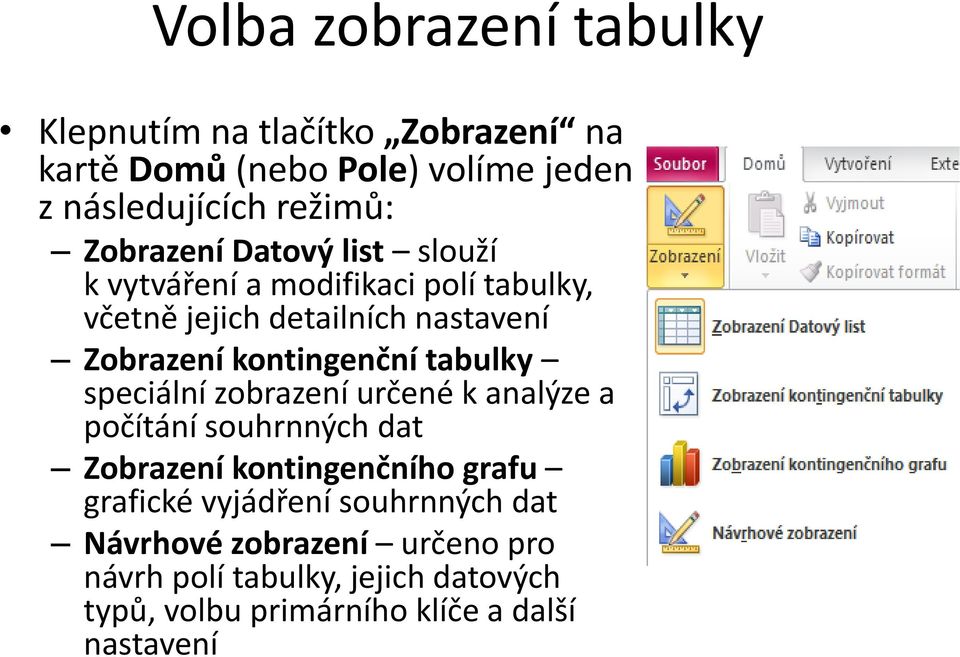 kontingenční tabulky speciální zobrazení určené k analýze a počítání souhrnných dat Zobrazení kontingenčního grafu grafické