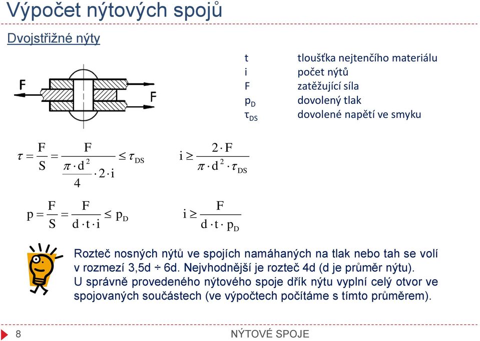 tlak nebo tah se volí v rozmezí 3,5d 6d. Nejvhodnější je rozteč 4d (d je průměr nýtu).