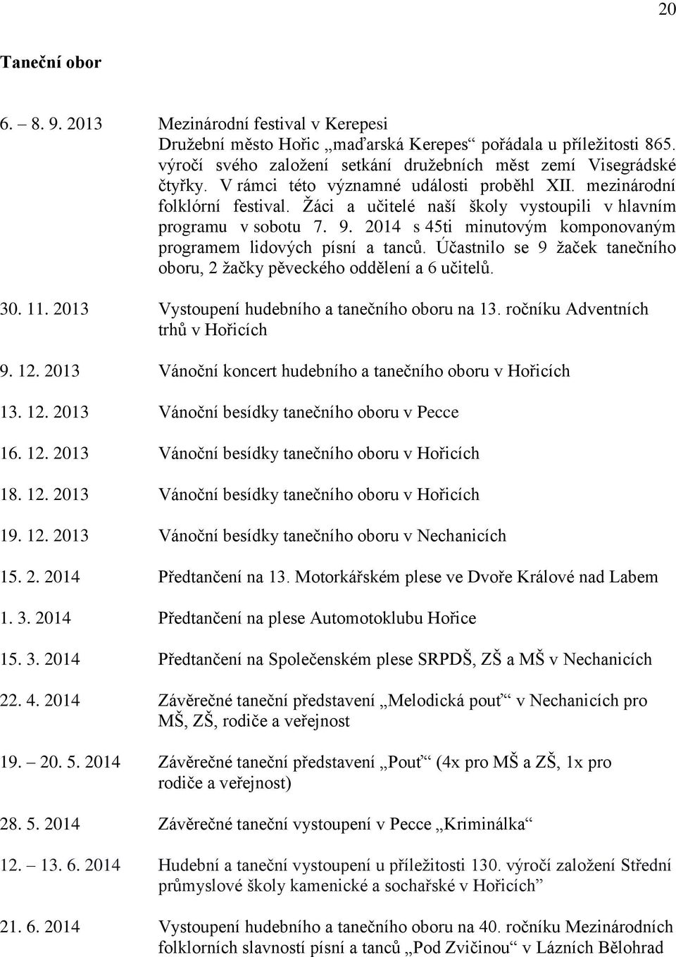 2014 s 45ti minutovým komponovaným programem lidových písní a tanců. Účastnilo se 9 žaček tanečního oboru, 2 žačky pěveckého oddělení a 6 učitelů. 30. 11.