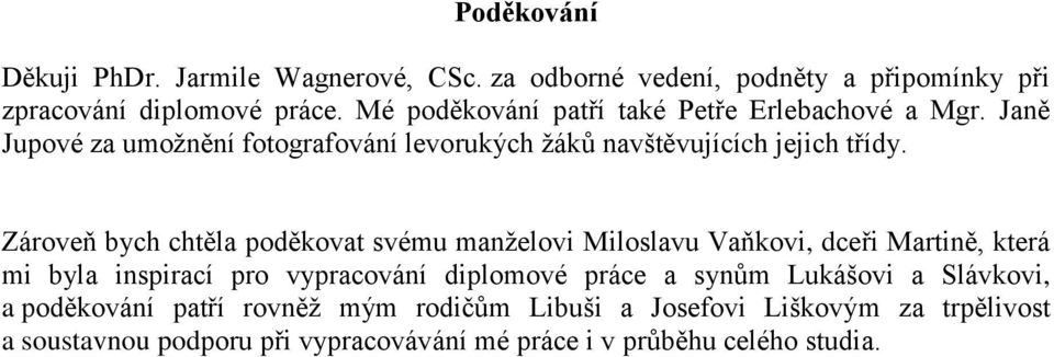 Zároveň bych chtěla poděkovat svému manželovi Miloslavu Vaňkovi, dceři Martině, která mi byla inspirací pro vypracování diplomové práce a