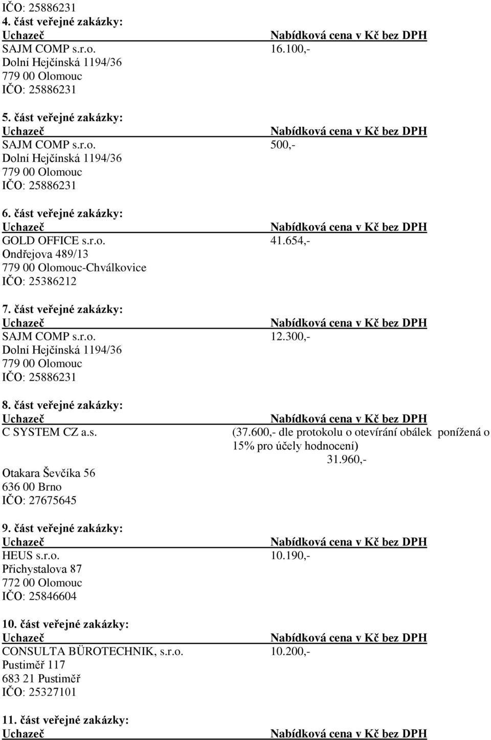 600,- dle protokolu o otevírání obálek ponížená o 15% pro účely hodnocení) 3960,- 9. část veřejné zakázky: HEUS s.r.o. 10.