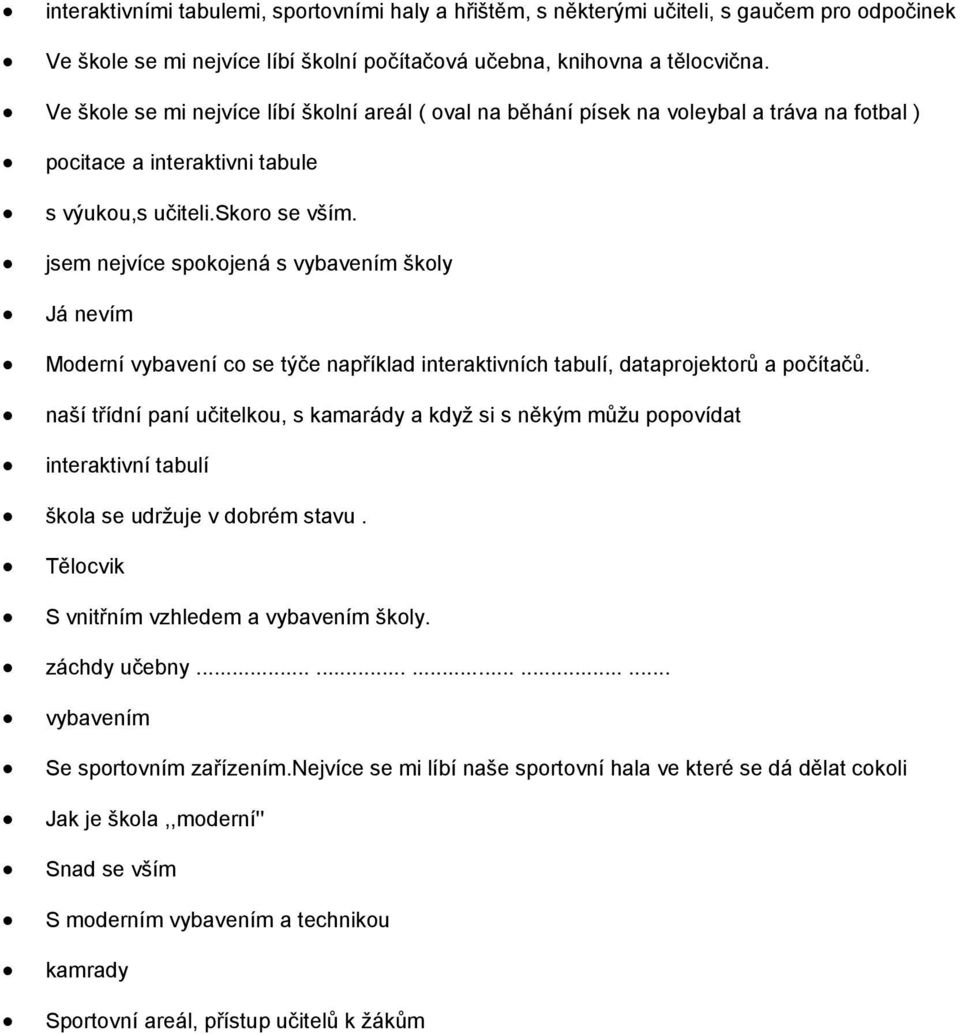 jsem nejvíce spokojená s vybavením školy Já nevím Moderní vybavení co se týče například interaktivních tabulí, dataprojektorů a počítačů.