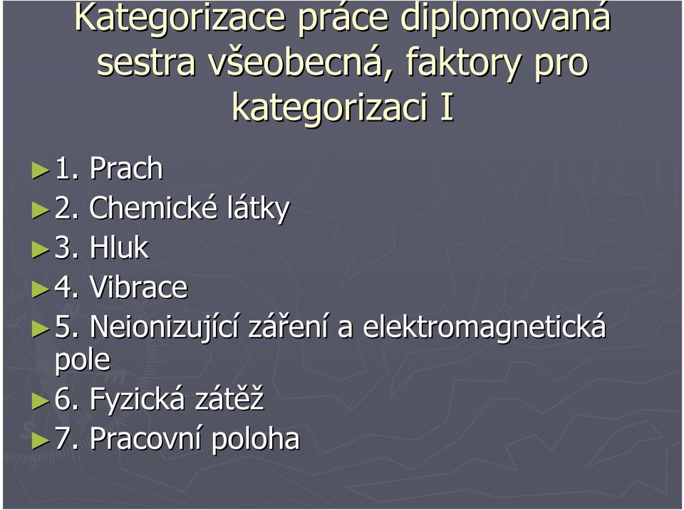 Chemické látky 3. Hluk 4. Vibrace 5.